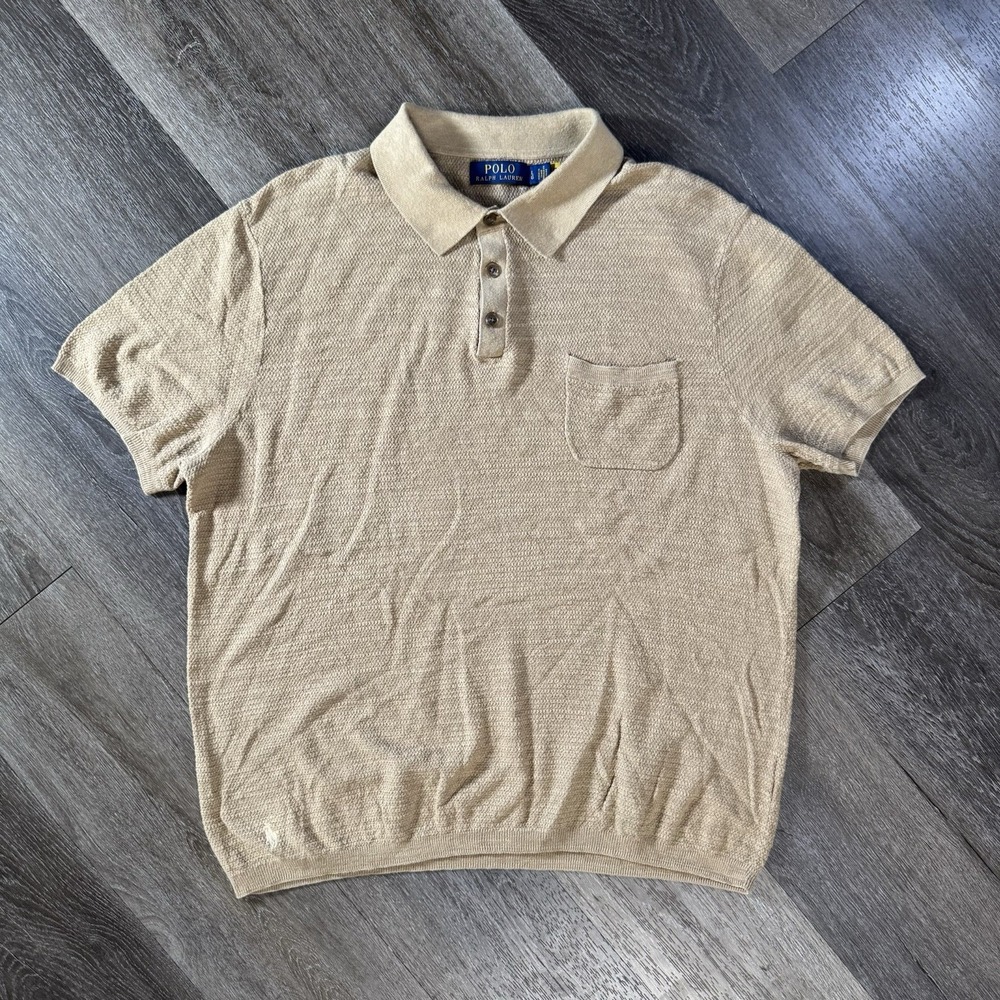 Polo Ralph Lauren Cotton-Linen Polo Collar Sweater Men's Large Fits M Beige